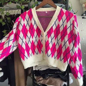 pink, white and blue argyle cropped sweater cardigan